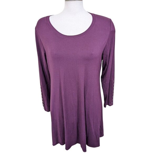 Comfy USA Women M Top Tunic Plum Purple Scoop Neck High Low Long Sleeve Button - Picture 1 of 7